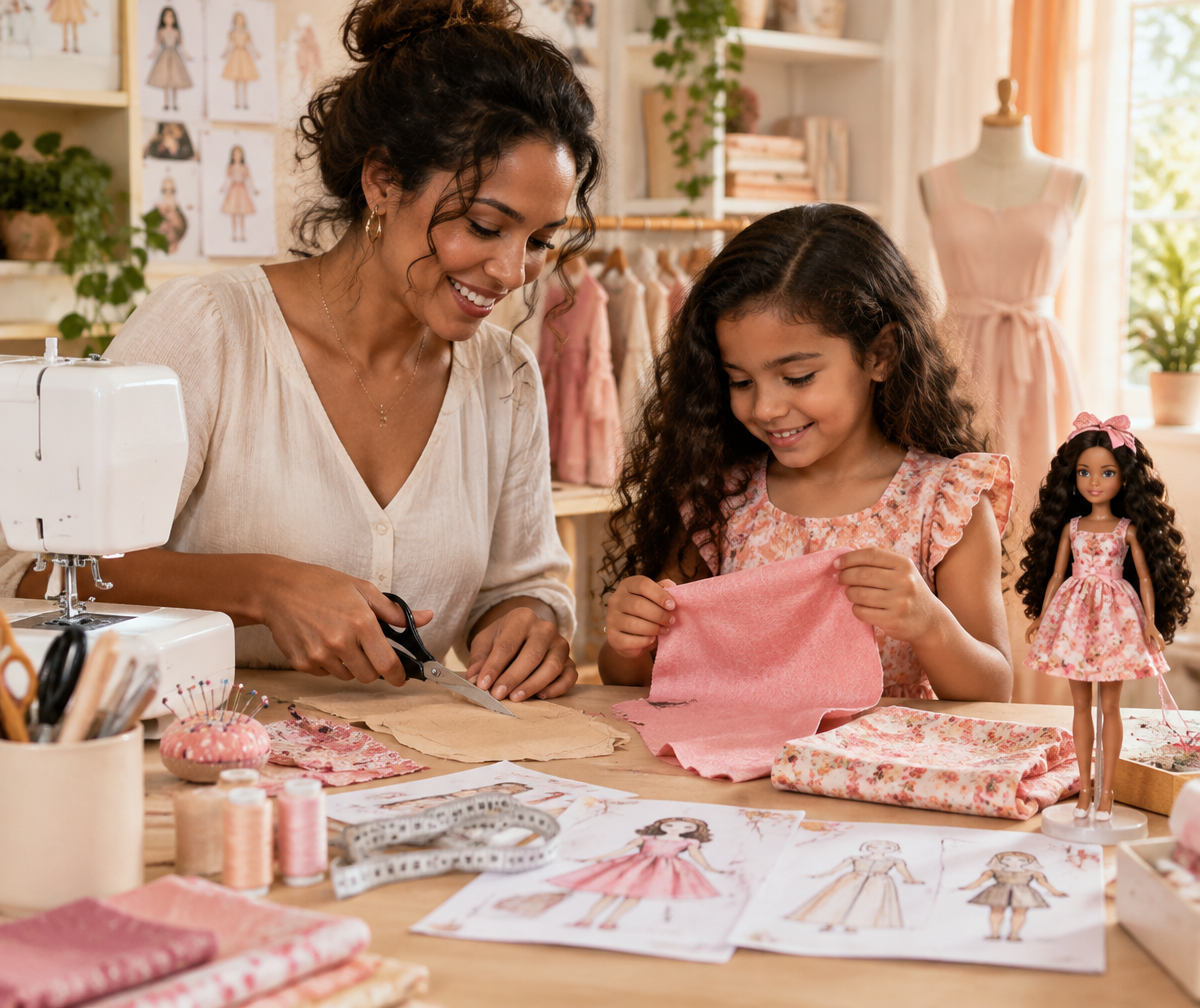 Mãe e filha cortando tecido juntas em uma mesa de ateliê